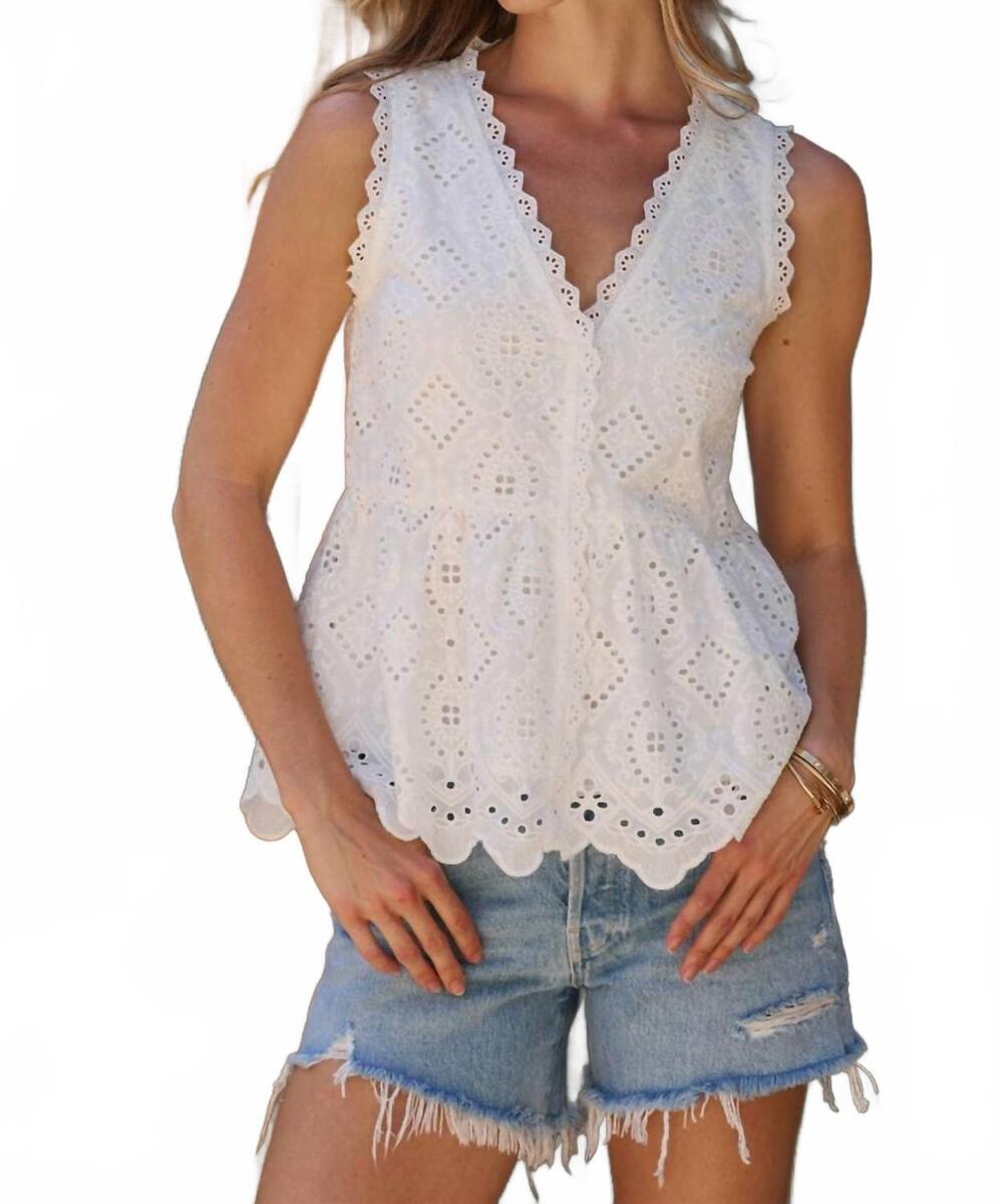 NEW BON eyelet lace peplum v neck button down sleeveless top in off white